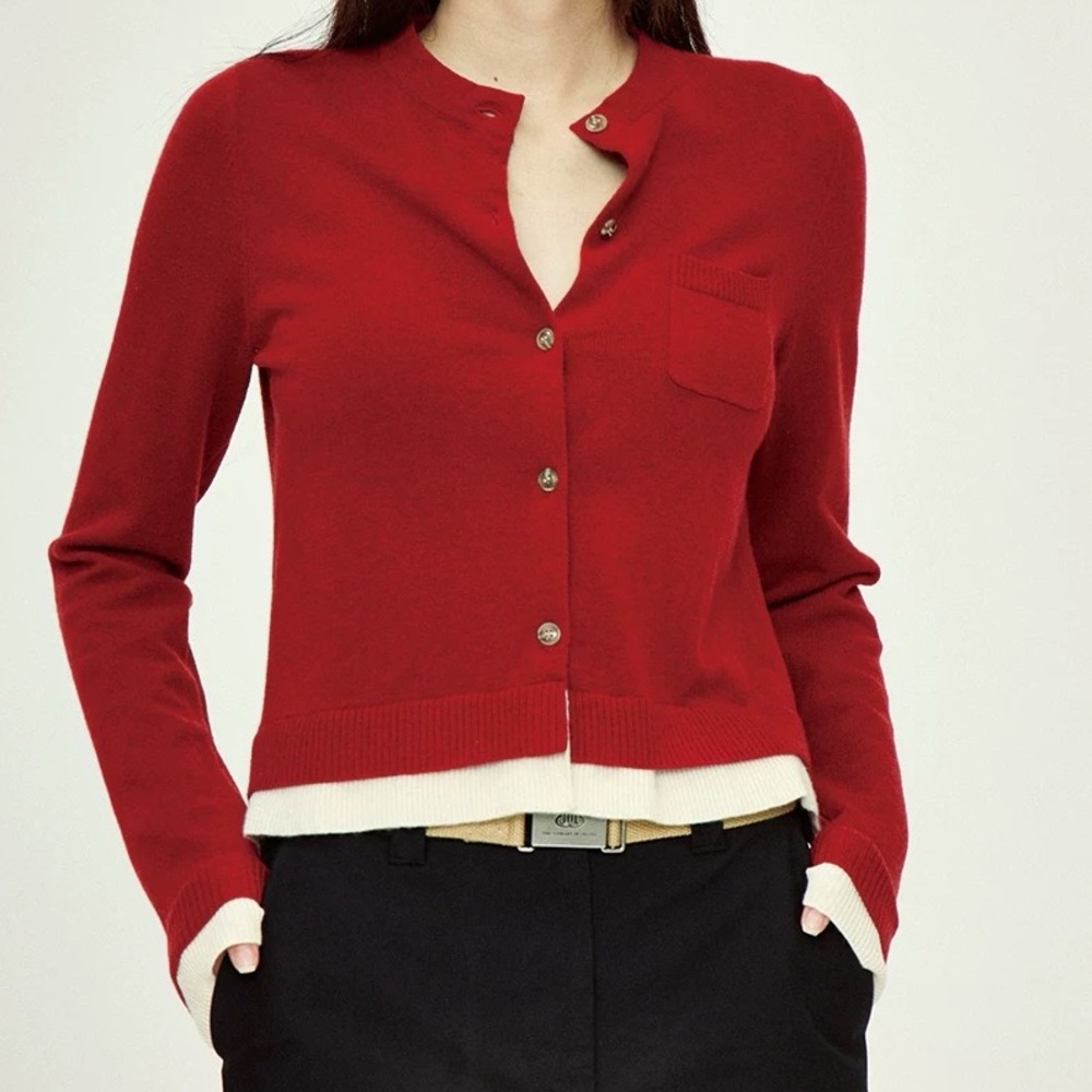 Red Knit wool Cardigan Contrast Trim Size M (Fits US S) | Preppy Chic
